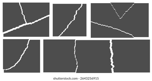 Realistic torn paper template featuring ripped sheets, newspapers, and postcards with rough, uneven textures. Vector illustration.