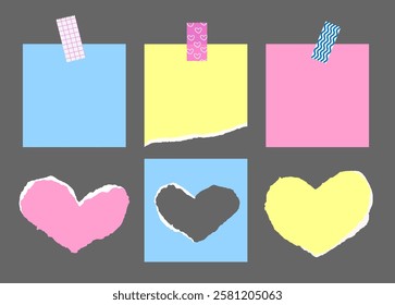 Realistic torn piece, heart shaped paper sheet. Frame, text box, torn sticky note sticker glued with tape. Romantic Valentine's Day blank template for banner, collage. Isolated Vector EPS10