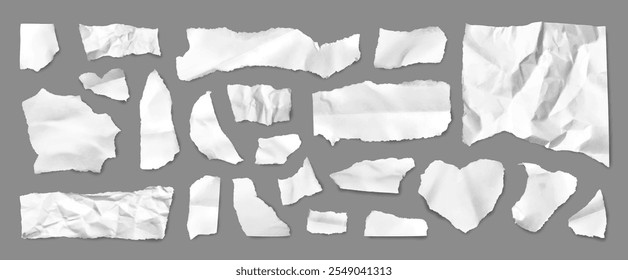 Realistic torn pieces of paper with wrinkles and folds, white ripped notebook pages. Blank crumpled memo sheets with damaged edges, torn letter, wrinkled paper strips and ragged note scraps vector set