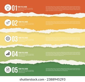 Realistic torn or ripped colorful paper background with infographic design for corporate business marketing. Success workflow report, information flow chart or social media data presentation diagram.