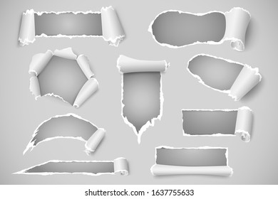 Realistic torn ripped paper set. Ragged hole in paper isolated on gray background. Vector illustration. Element for your design.