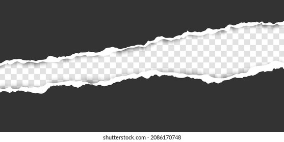Realistic, torn, ripped strip of black paper with a light shadow on a transparent background. Torn cardboard.