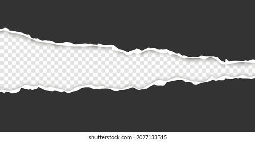 Realistic, torn, ripped strip of dark grey paper with a light shadow on a transparent background. Torn cardboard.