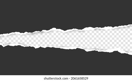 Realistic, torn, ripped strip of dark grey paper with a light shadow on a transparent background. Torn cardboard.