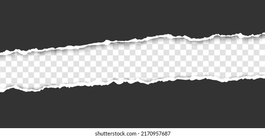 Realistic, torn, ripped strip of dark grey paper with a light shadow on a transparent background. Torn cardboard.