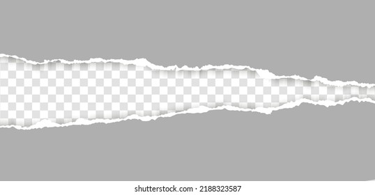 Realistic, torn, ripped strip of grey paper with a light shadow on a transparent background. Torn cardboard.