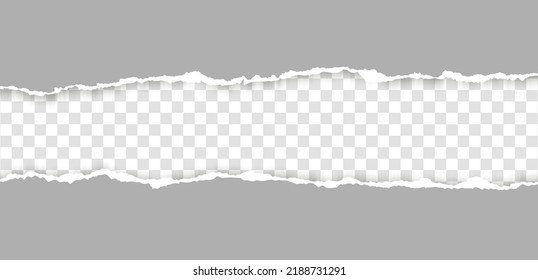 Realistic, torn, ripped strip of grey paper with a light shadow on a transparent background. Torn cardboard.