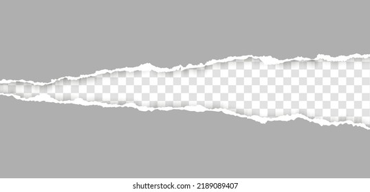 Realistic, torn, ripped strip of grey paper with a light shadow on a transparent background. Torn cardboard.