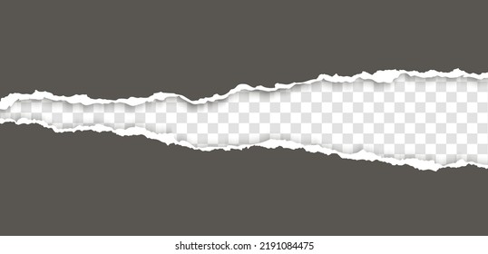 Tira de papel gris realista, desgarrada y desgarrada con una sombra clara sobre un fondo transparente. Cartón roto.