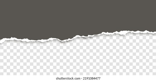 Realistic, torn, ripped strip of grey paper with a light shadow on a transparent background. Torn cardboard.