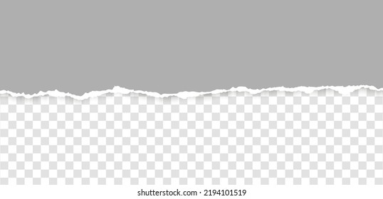 Realistic, torn, ripped strip of grey paper with a light shadow on a transparent background. Torn cardboard.