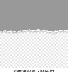 Realistic, torn, ripped strip of grey paper with a light shadow on a transparent background. Torn cardboard.
