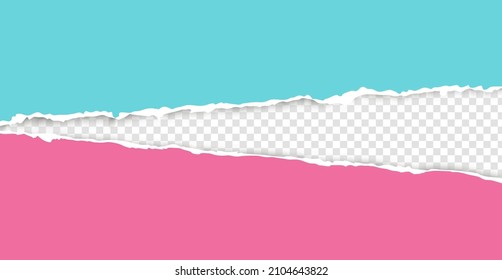 Realistic, torn, ripped strip of pink and blue paper with a light shadow on a transparent background. Torn cardboard.