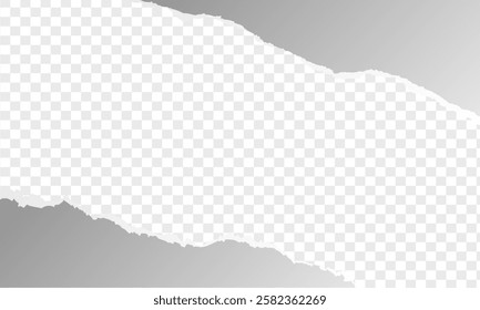 Realistic, torn, ripped vertical strip of grey paper with a light shadow on a transparent background. Torn cardboard, Seamless realistic torn paper edges with shadow, ragged Hole torn in ripped paper