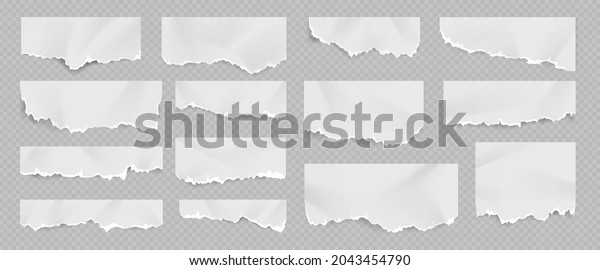 Realistic torn\
and ripped white paper sheet with folds. Notebook page with scrap\
edge. Rip blank document pieces and note shreds vector set. Damaged\
and cracked fragments for\
notices
