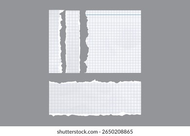 Realistic torn squared notebook papers in different shapes. Great for scrapbooking, design mockups, and collage elements.