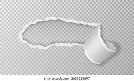 Faixa de papel realista rasgada e torcida isolada no fundo claro. Ilustração vetorial.