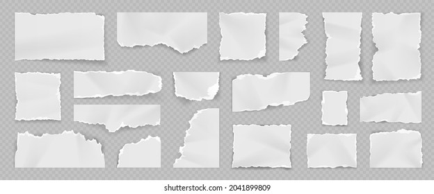 Realistic torn white paper pieces, rips, scraps and stripes. Notebook blank tear page. Shredded sheet squares. Ragged note paper vector set. Empty pieces and fragments of different shape