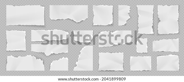 Realistic\
torn white paper pieces, rips, scraps and stripes. Notebook blank\
tear page. Shredded sheet squares. Ragged note paper vector set.\
Empty pieces and fragments of different\
shape