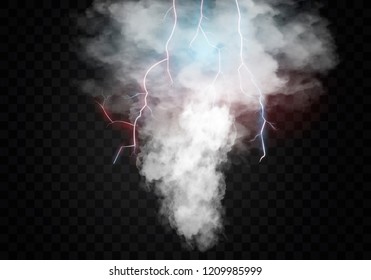 Realistic tornado with lightning, destructive hurricane isolated on transparent background. Wind cyclone, swirl with dark clouds in sky , dangerous natural disaster. Vector illustration