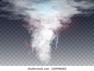 Realistic tornado with lightning, destructive hurricane isolated on transparent background. Wind cyclone, swirl with dark clouds in sky , dangerous natural disaster. Vector illustration