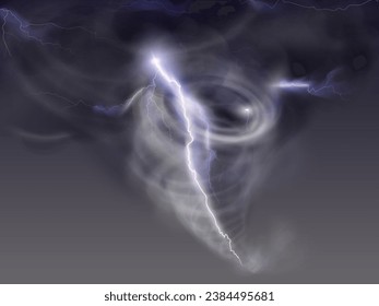 Realistic tornado with lightning. Storm cyclone, twist wind destruction hurricane in sky clouds, smoke funnel nature thunderstorm gale whirlpool, twister exact vector illustration of storm and tornado