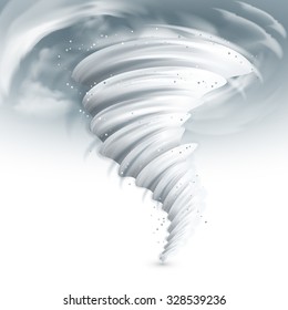 Realistic tornado swirl with dark clouds in sky vector illustration