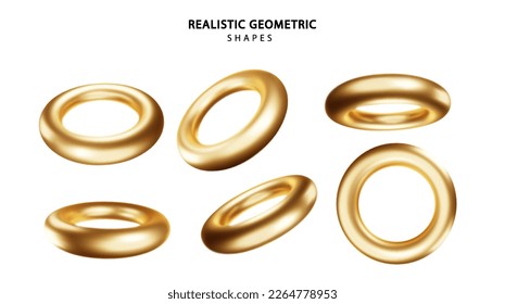 Realistic torus shapes in various positions. Vector geometric 3d golden rings collection. Geometric primitives. Minimal Decoration elements