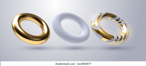 Realistic torus shapes. Vector geometric illustration. 3d golden and white rings collection. Geometric primitives. Decoration elements for minimal cover or poster design