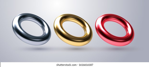 Realistic torus shapes. Vector geometric illustration. 3d multicolored metallic rings collection. Geometric primitives. Decoration elements for minimal cover or poster design