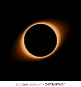 Realistic total solar eclipse, blurred light overlay effect on black background. Vector yellow glowing sunlight circle in black space.