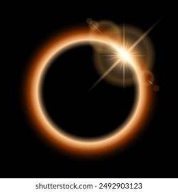 Realistic total solar eclipse with shining star, lens flare light overlay effect on black background. Vector yellow glowing sunlight circle in black space.