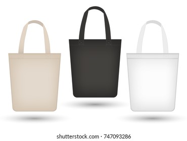 Realistic Tote Bag Set. 3d Fabric, Canvas, Shopping Sack Bags Collection Black, Beige. Isolated On White Background. Mosk-up For Your Product Design. Vector Illustration