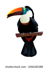 Realistic toucan icon isolated on white background. Beautiful silhouette of a tropical bird sitting on a tree branch. Vector illustration of exotic animal