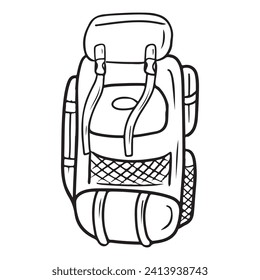 Realistic tourist big backpack with pockets in black isolated on white background. Hand drawn vector sketch illustration in simple doodle line art. Camping equipment, mountain trip