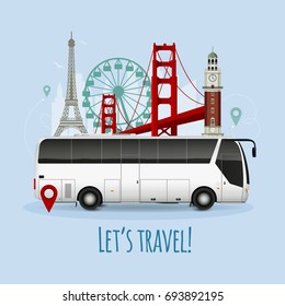 Realistic touristic bus with european landmarks including eiffel tower and ferris wheel on blue background vector illustration 