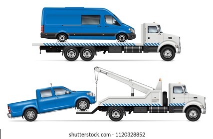 Realistic tow truck vector mockup. Isolated template of breakdown lorry on white background for vehicle branding, corporate identity. View from right side, easy editing and recolor.
