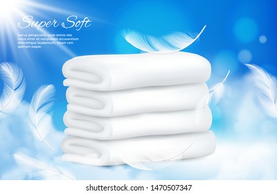 Realistic towels background. Vector white towels with feathers. Illustration of cotton towel for bathroom or sauna