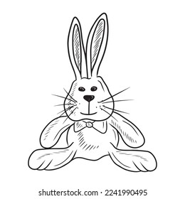 Realistic toy rabbit sitting in black with bow tie isolated on white background. Hand drawn vector sketch ilustration in doodle simple vintage engraved style. Happy new 2023 year, symbol