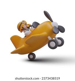 Juguete realista en colores amarillos listo para volar. 3d concepto de juego de avión. Aventura y viajes. Caricatura de avión volador. Ilustración vectorial en estilo 3d