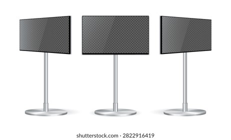 Realistic Trade Show TV Display Stand Mockup Set with Front and Perspective Views, Blank LED LCD HD FHD QHD UHD 4K 8K Monitor on Metal Floor Stand for Exhibition Digital Signage Vector Illustration