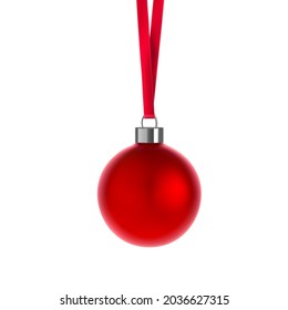 Realistic traditional Christmas ball on a red ribbon. Vector illustration isolated on white background. Ready for your design. EPS10.