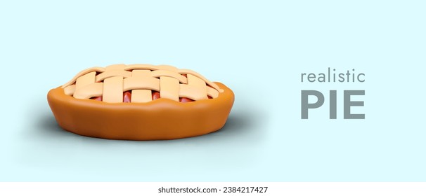 Realistic traditional closed pie with lattice on top. Image on blue background. Double crust sweet pie. Horizontal concept with 3D illustration and place for text. Advertising for bakery, cafe