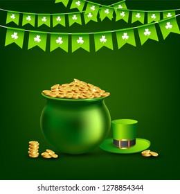 Realistic traditional coin pot with leprechaun hat on glossy green background decorated with party flag for St. Patrick's Day celebration.