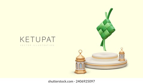 Realistic traditional element of food. Green ketupat on stage, realistic lanterns. Celebrating Ramadan concept. Vector illustration in 3d style with yellow background and place for text