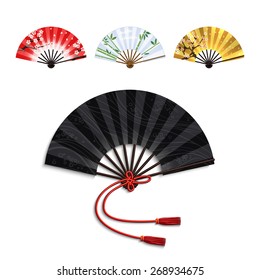 Realistic traditional oriental open folding fans set isolated vector illustration