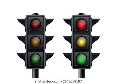 Realistic Traffic Light, Vector Illustration. Traffic Signal Vector Icon with Red, Yellow, Green Lights. Road Sign, Safety Signal, Stoplight Graphic, Street Light Vector for City and Road Design