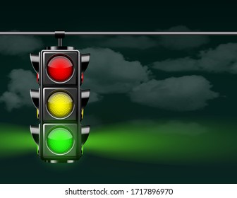Realistic traffic lights with green lamp on, hanging in night sky. Photo-realistic vector illustration isolated on white background