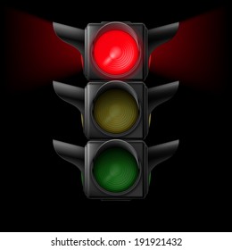 Realistic traffic lights with red lamp on. Illustration on black background