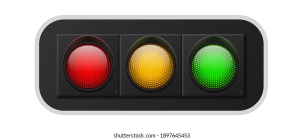 Luces de tráfico realistas. Señales del sistema de regulación urbana de calles con tres colores rojo, amarillo y verde, seguridad vial e intersección en la ciudad, vector 3d ilustración horizontal aislada